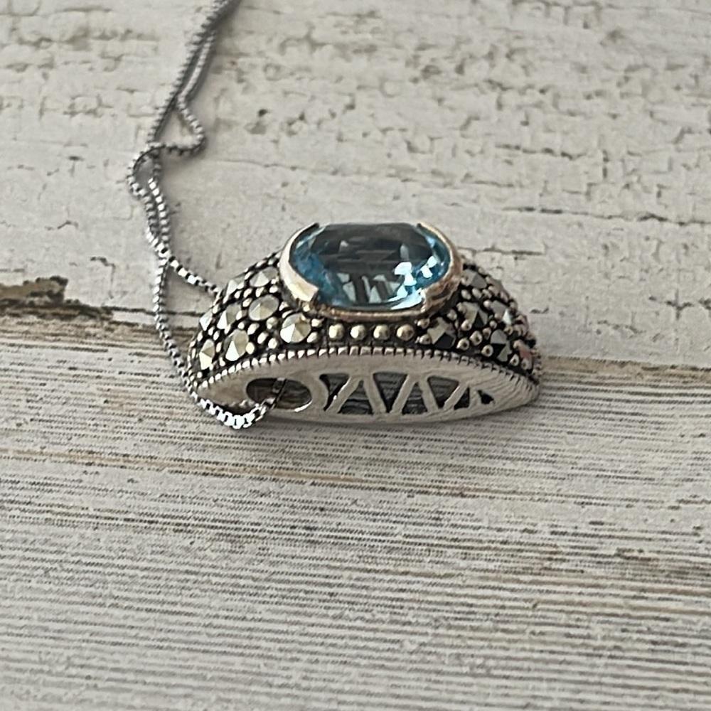 Sterling Silver Marcasite Blue Topaz Pendant Necklace - Picture 5 of 9